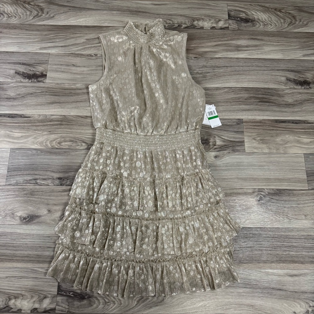 NWT 1.State Sparkle Smocked Tiered Sleeveless Mini Dress Gold Size Large - Picture 1 of 8